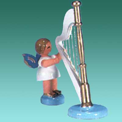 Engel stehend mit Harfe, blaue Flügel