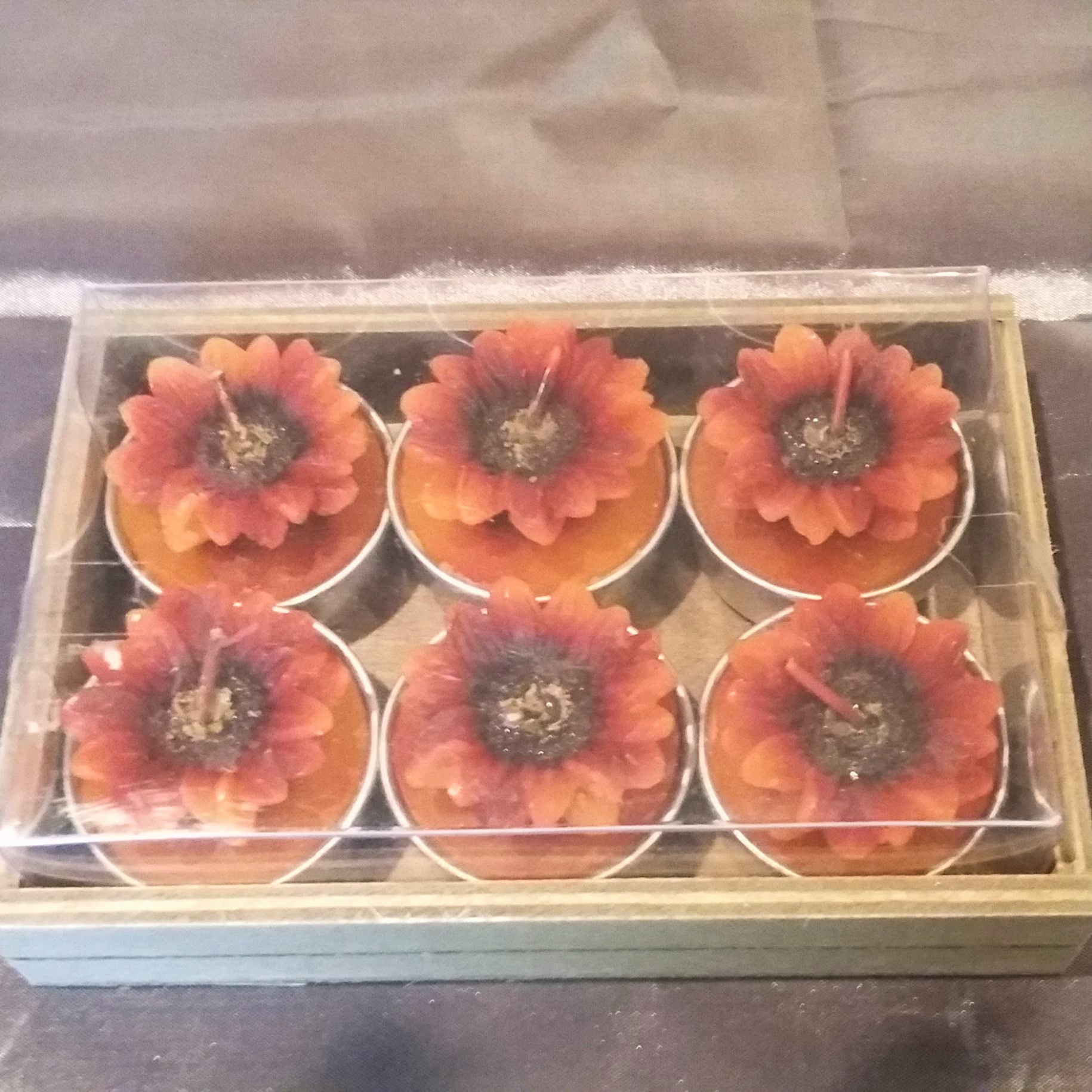 Teelichter, orange Blumen 6er